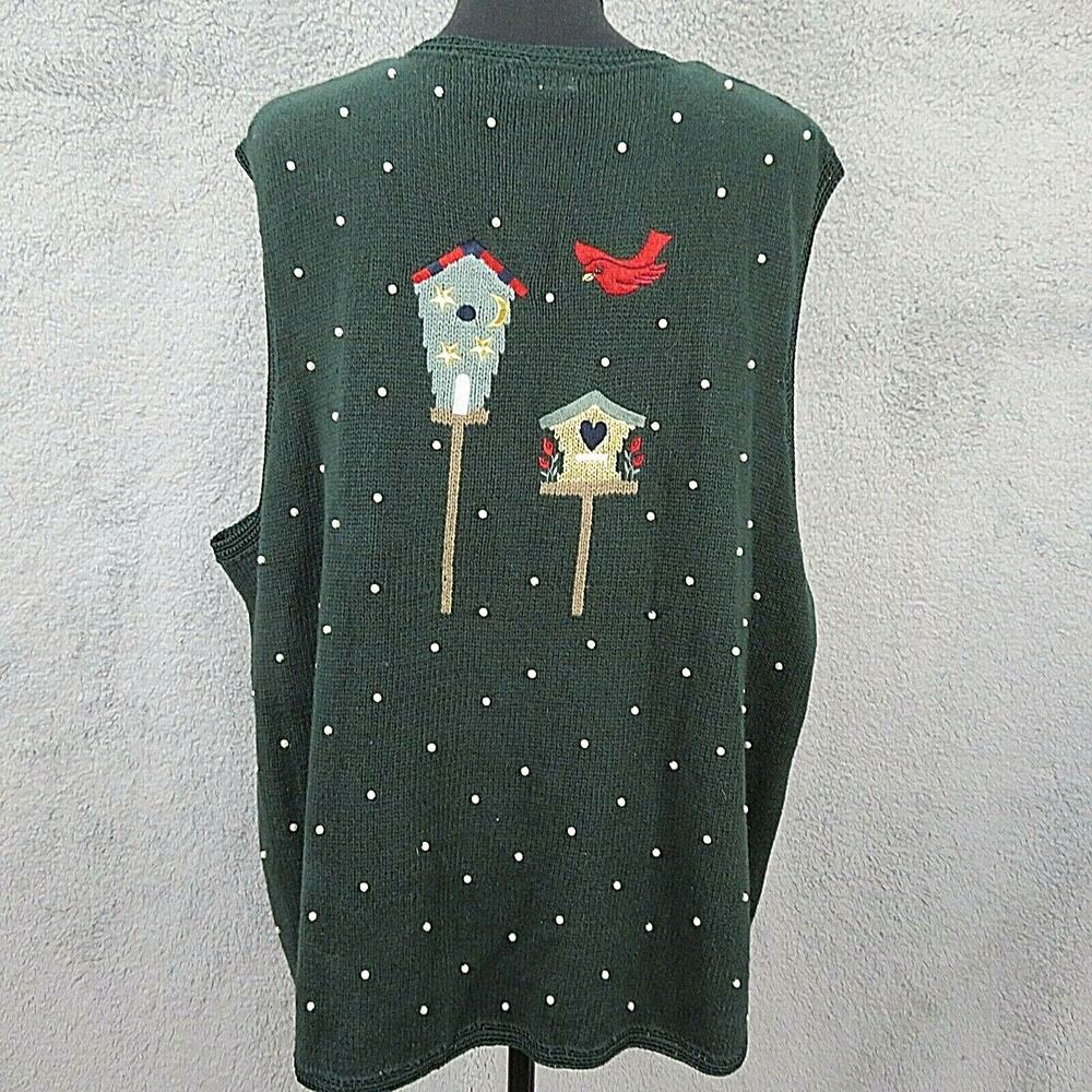 Vtg 90s CJ Banks Sweater Vest Women 1X Knit Bird Houses Green Beads Spring Fall - Picture 2 of 11